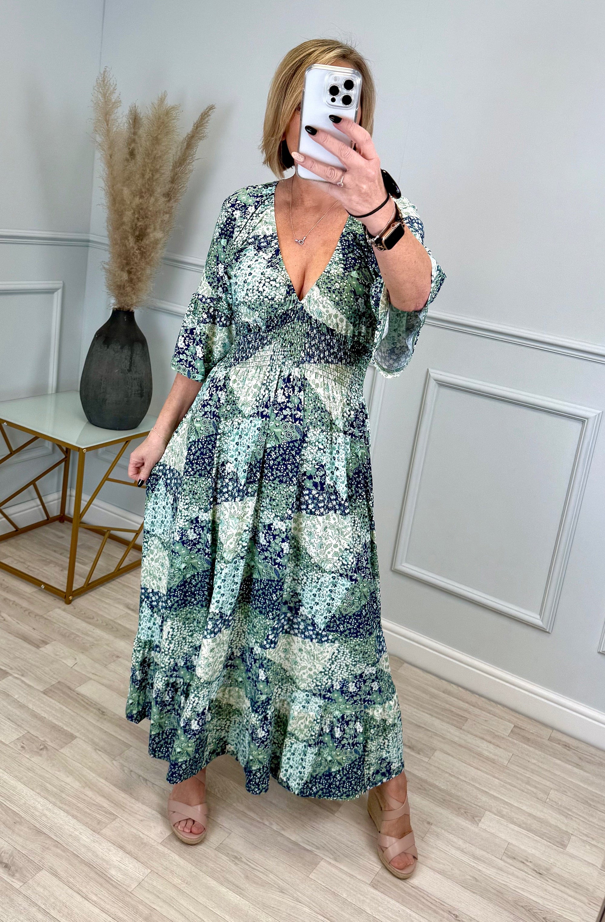 Azalea Ditsy V-Neck Shirred Waist Midi Dress - Flowy & Elegant Design (Sizes 8-20) - Susie's Boutique