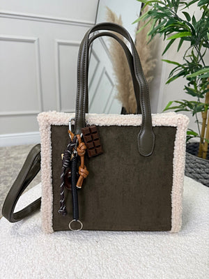 Teddy-Trim Suedette Charm Tote Bag ( more colours )