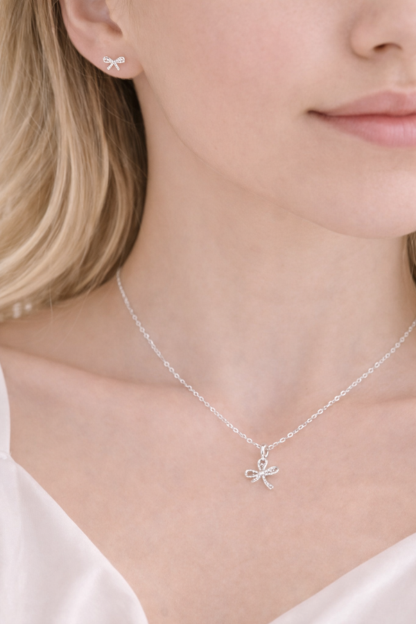 Silver Plated Bow Necklace & Earrings Gift Set