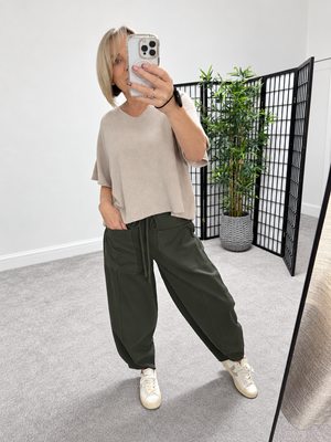 Remi Plain Barrel Trousers – Khaki