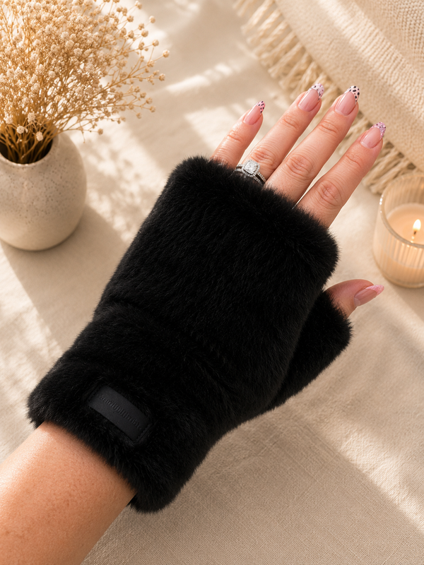 Faux Fur Fingerless Gloves – Black