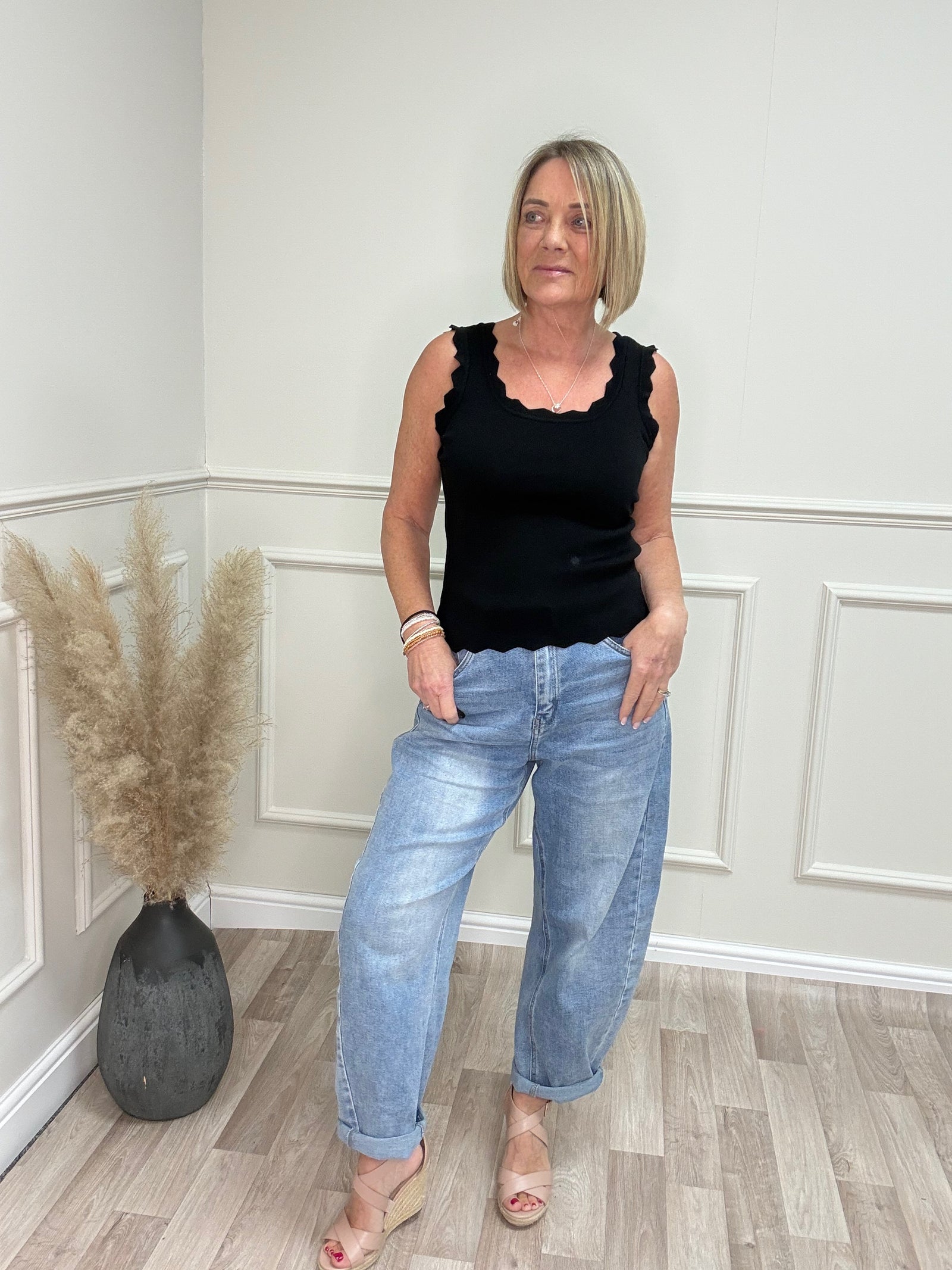 Scalloped Edge Ribbed Vest Top 8-18 Black