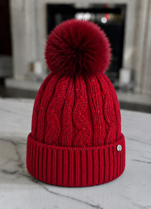 Metallic Fleck Cable Knit Pom Pom Hat – Fleece Lined