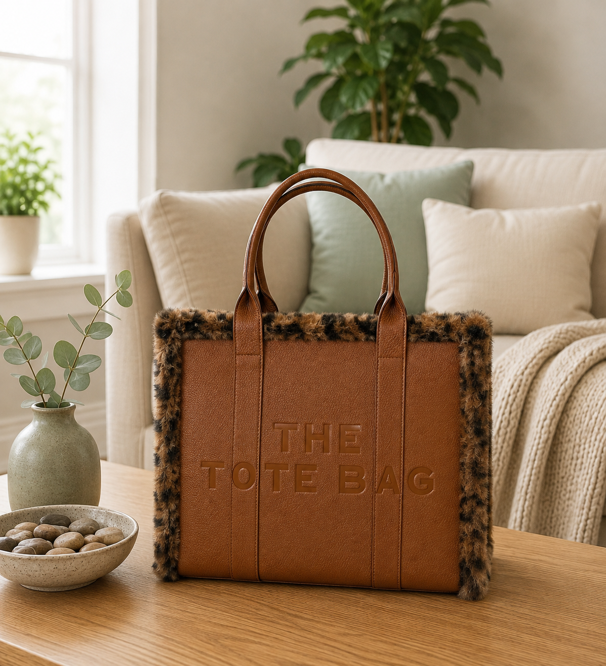 Leopard-Print Trim Structured Tote Bag ( 6 colours )