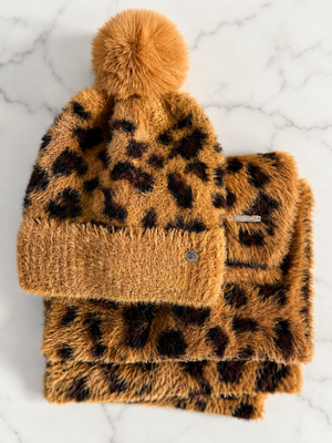 Luxury Leopard Print Hat & Scarf Gift Set – Camel/Black