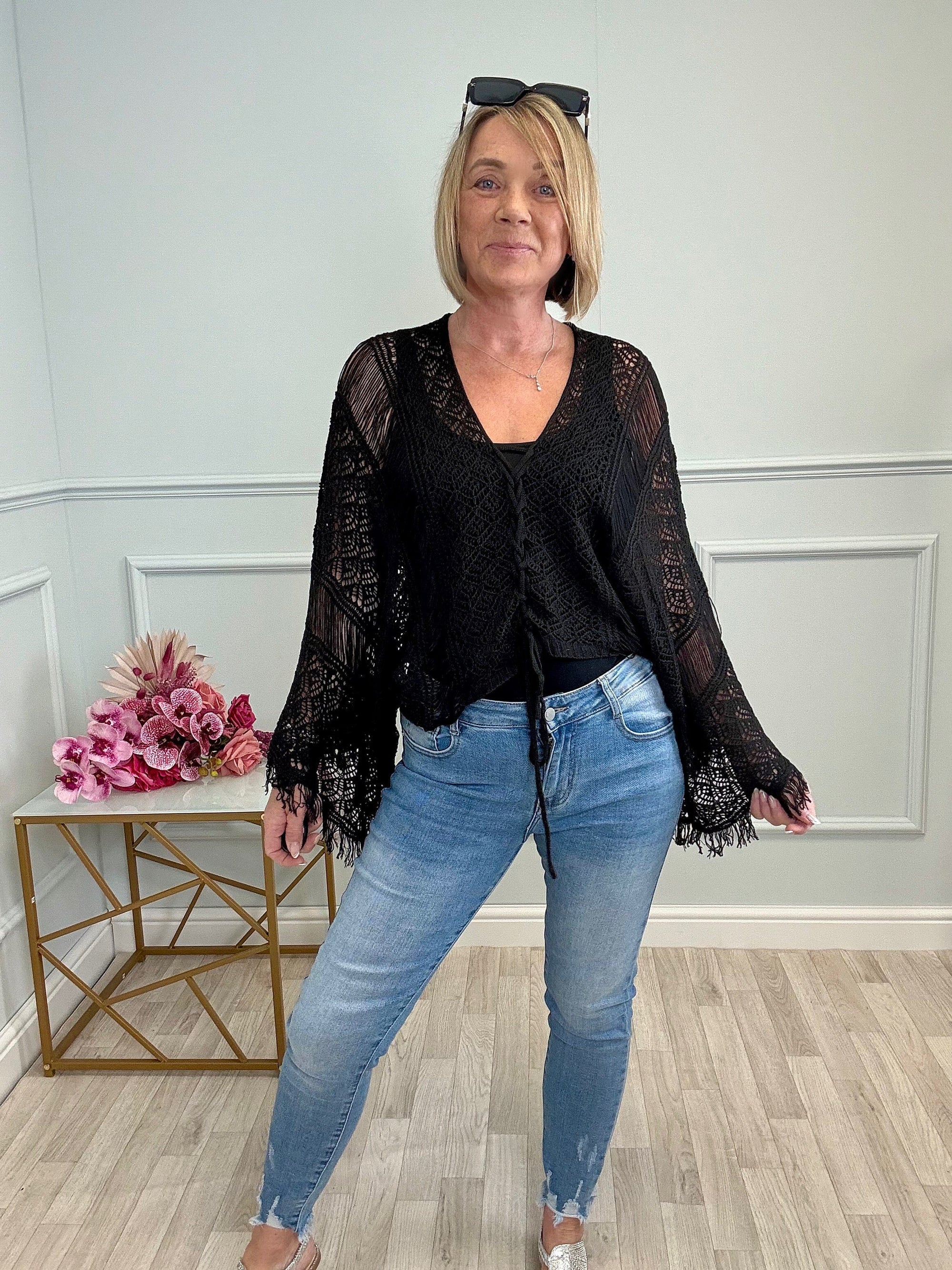 Talia Crochet Lace Top with Fringe Detail Black - Susie's Boutique