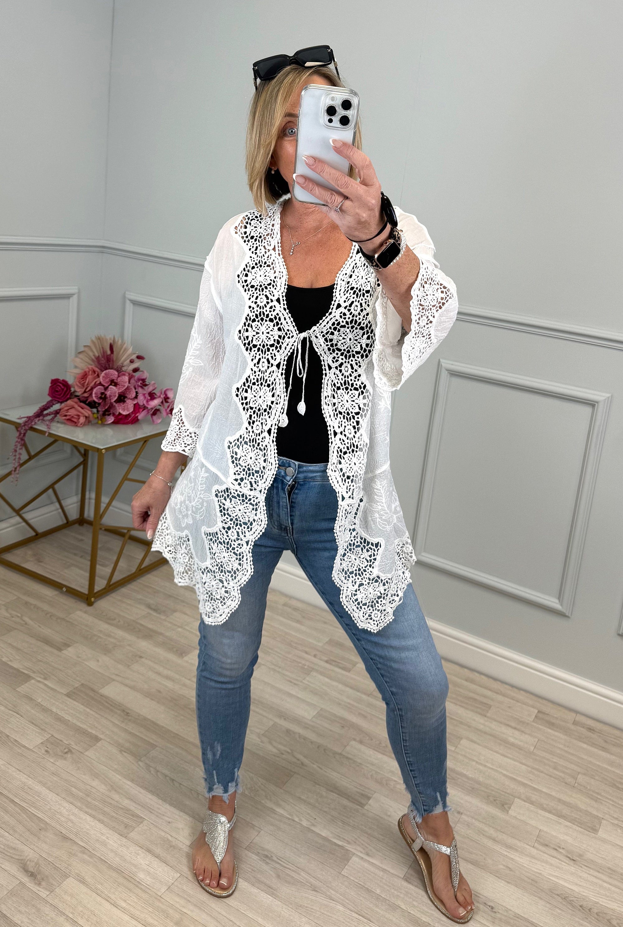 Karli Tie Front Crochet Kimono Jacket - Susie's Boutique