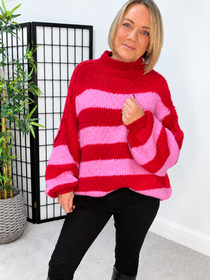 Fallon Bold Striped Oversized Knitted Jumper – Red & Pink