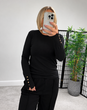Nellie Gold Button Cuff Jumper – Black