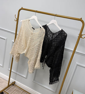 Talia Crochet Lace Top with Fringe Detail Black - Susie's Boutique