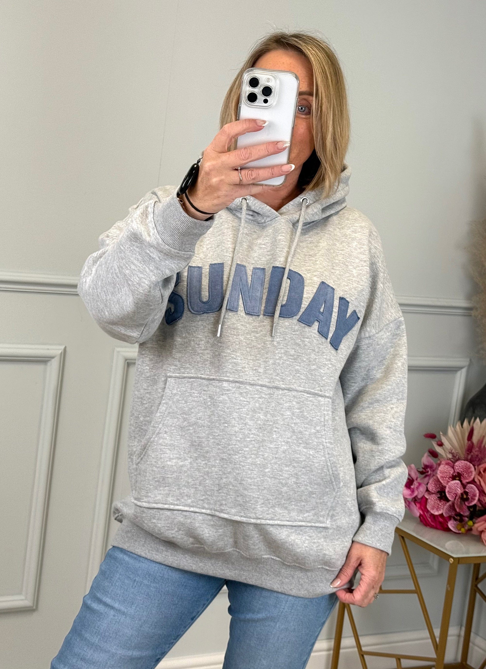 'Sunday' Denim Applique Hoodie Grey 8-22