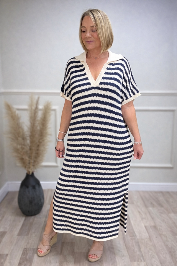 Maren Nautical Stripe Knitted Polo Midi Dress 10-18