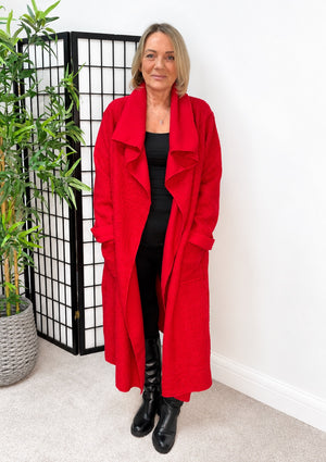Hattie Bouclé Waterfall Coat – Red