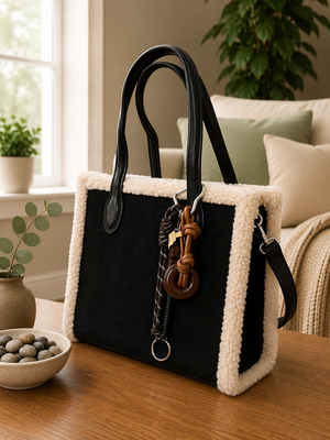 Teddy-Trim Suedette Charm Tote Bag ( more colours )