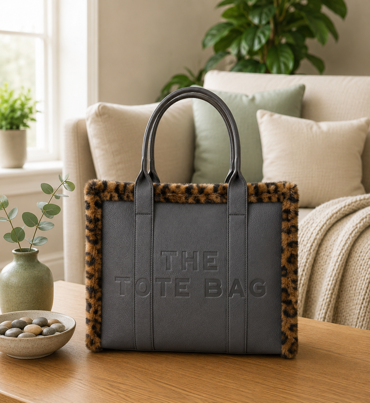Leopard-Print Trim Structured Tote Bag ( 6 colours )