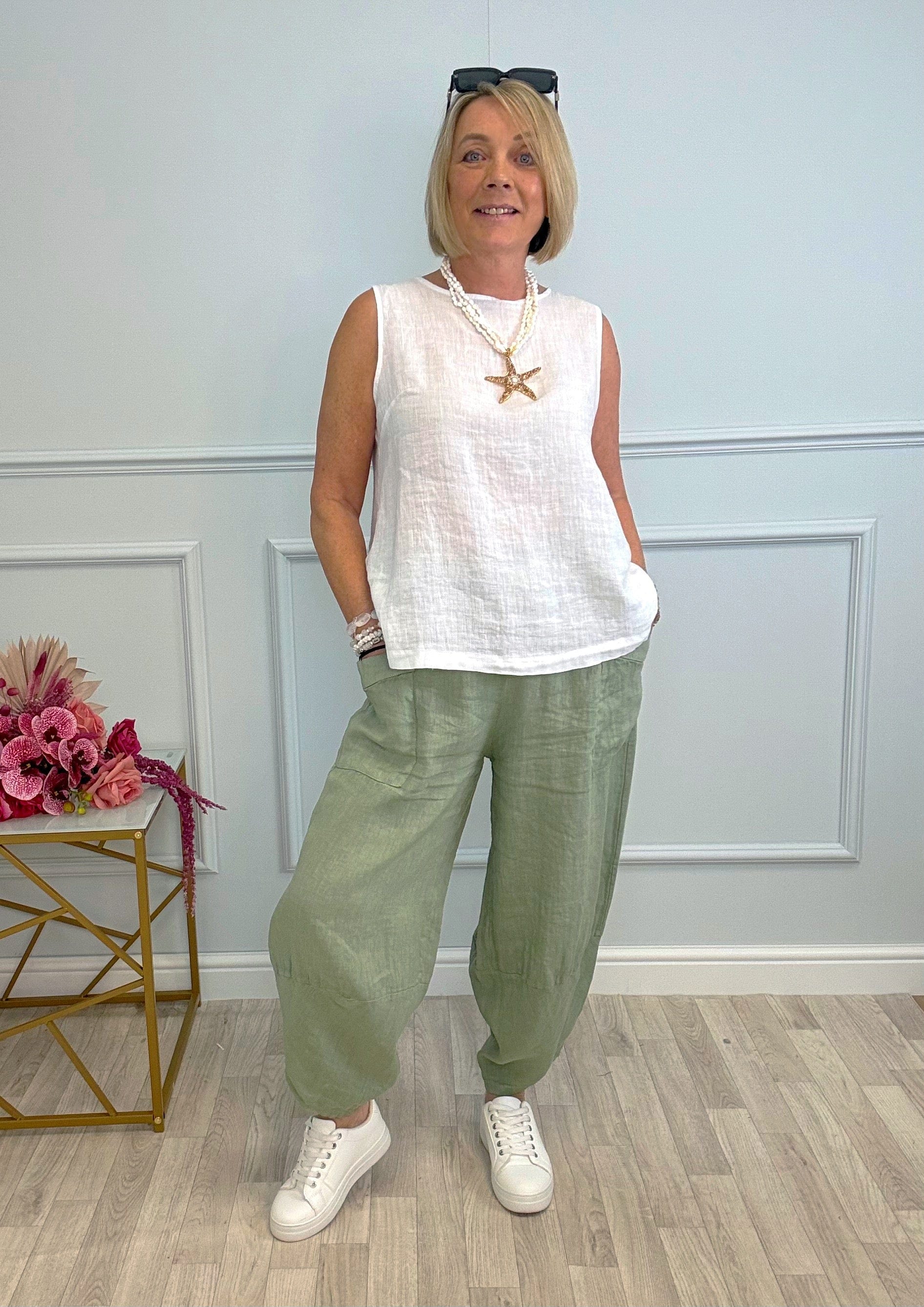 Larisa Quirky Linen Cocoon Pants 8-14 Khaki - Susie's Boutique