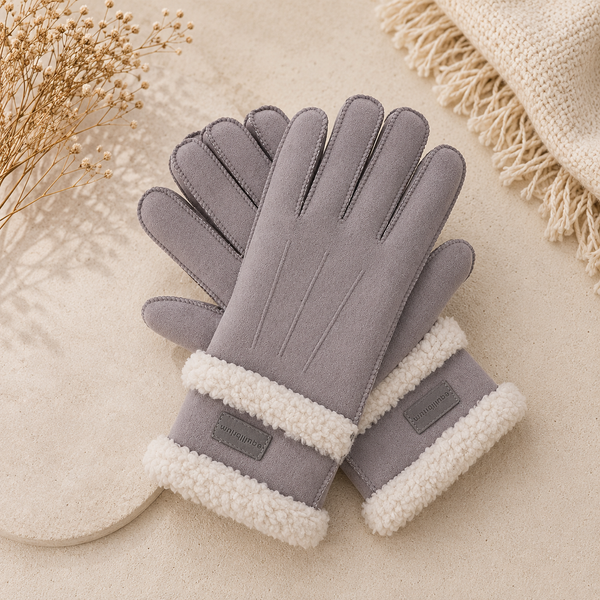 Faux Suede Borg Trim Gloves – Grey