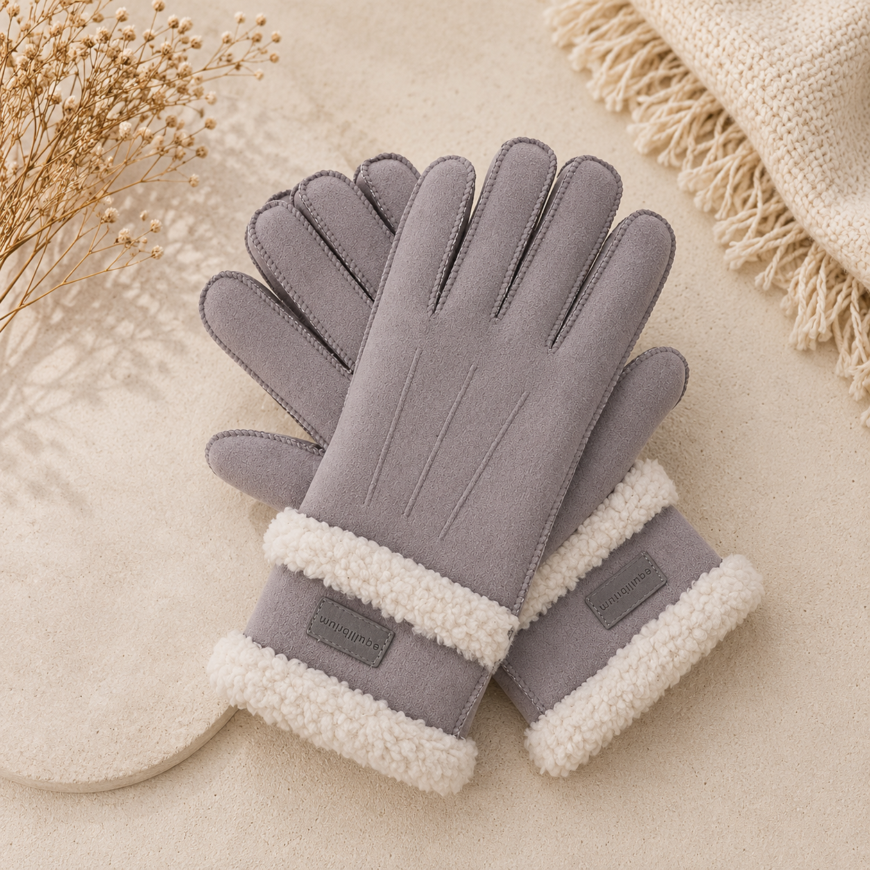 Faux Suede Borg Trim Gloves – Grey