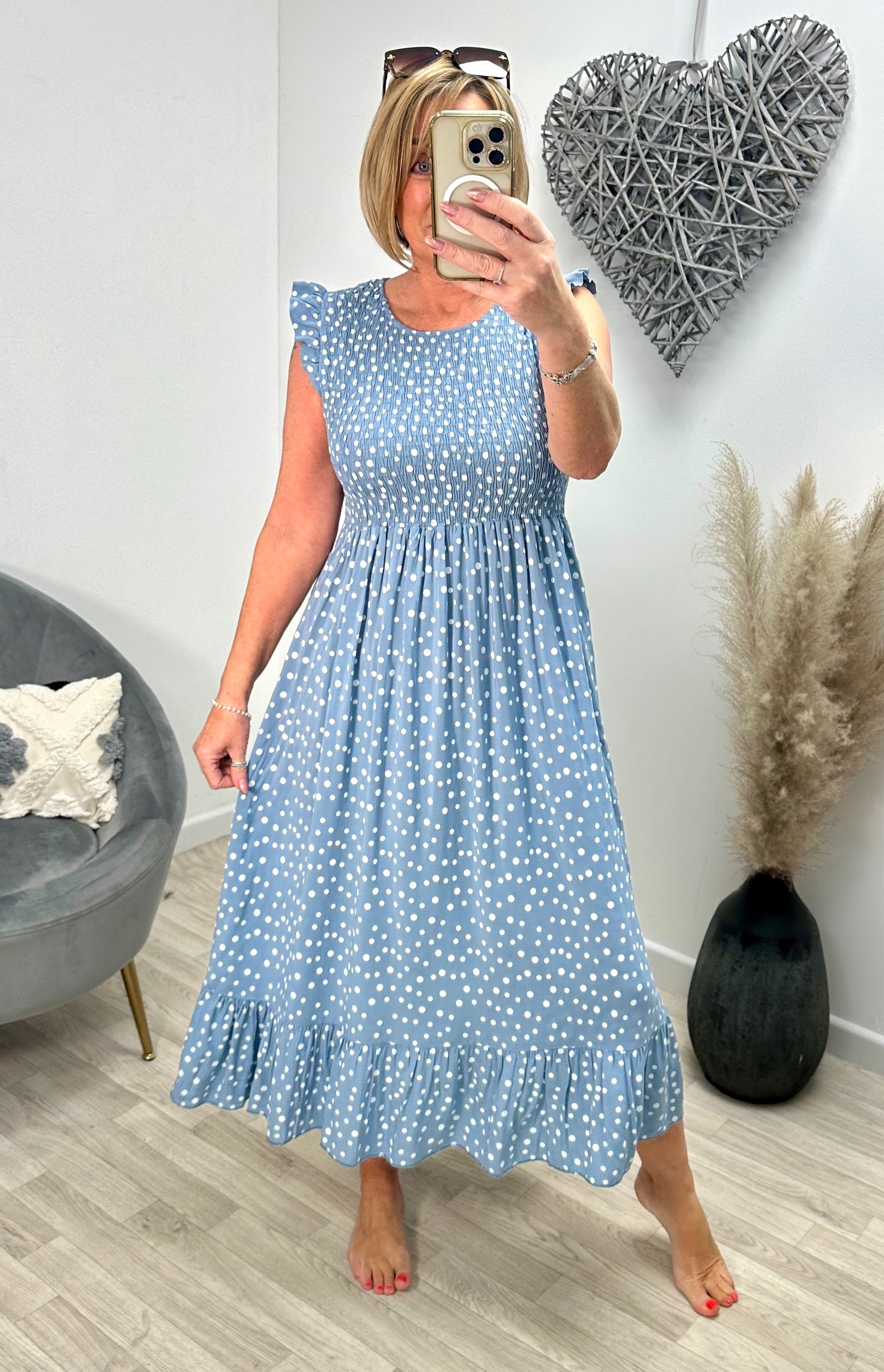 Irina Polka Dot Midi Dress 8-16 Denim Blue - Susie's Boutique
