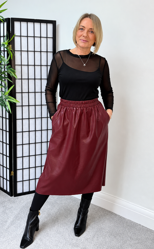 Marlowe PU Midi Skirt – Burgundy
