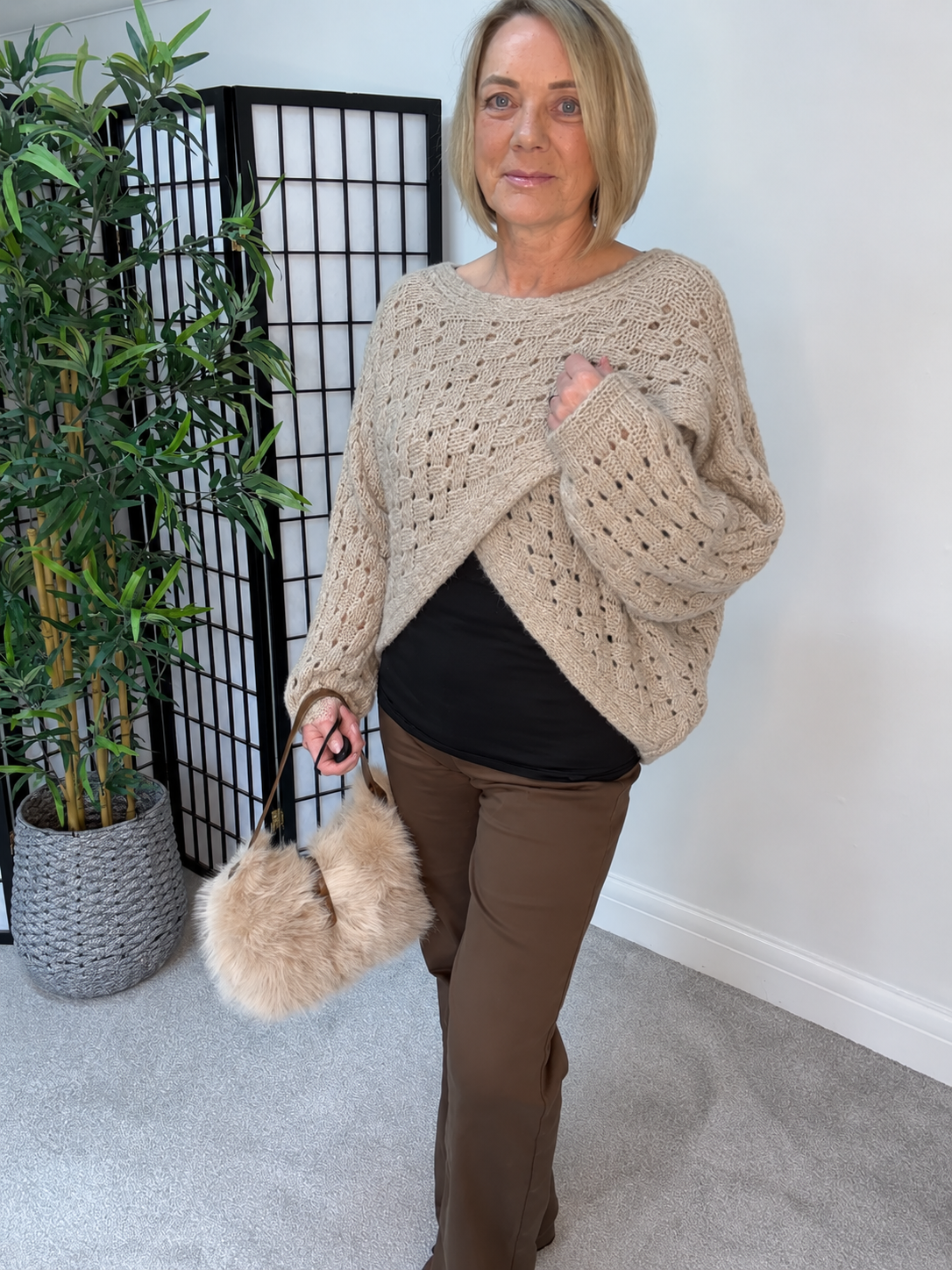 Orla Open Knit Crossover Jumper – Oatmeal