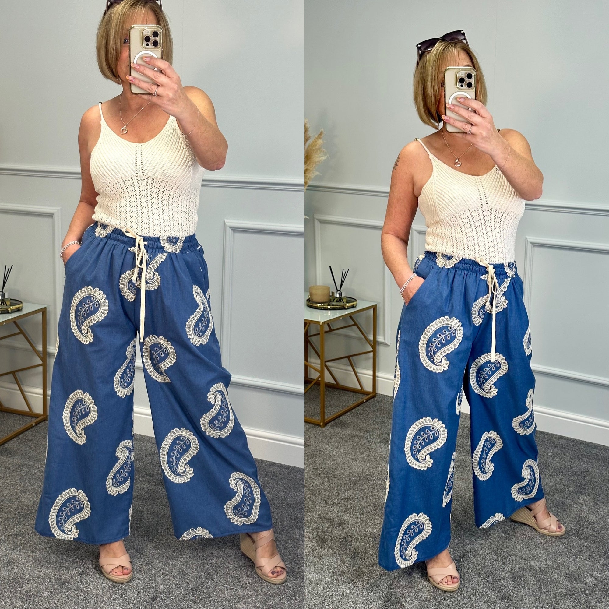 Carina Paisley  Luxurious Embroidered Wide Leg Trousers 8-16 - Susie's Boutique