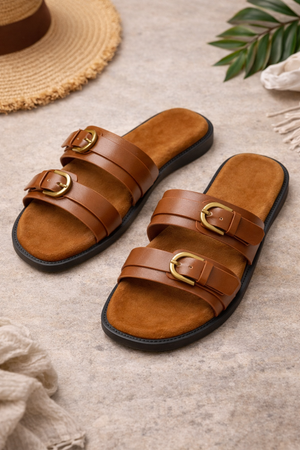 Lysandra Double Buckle Faux Leather Sliders