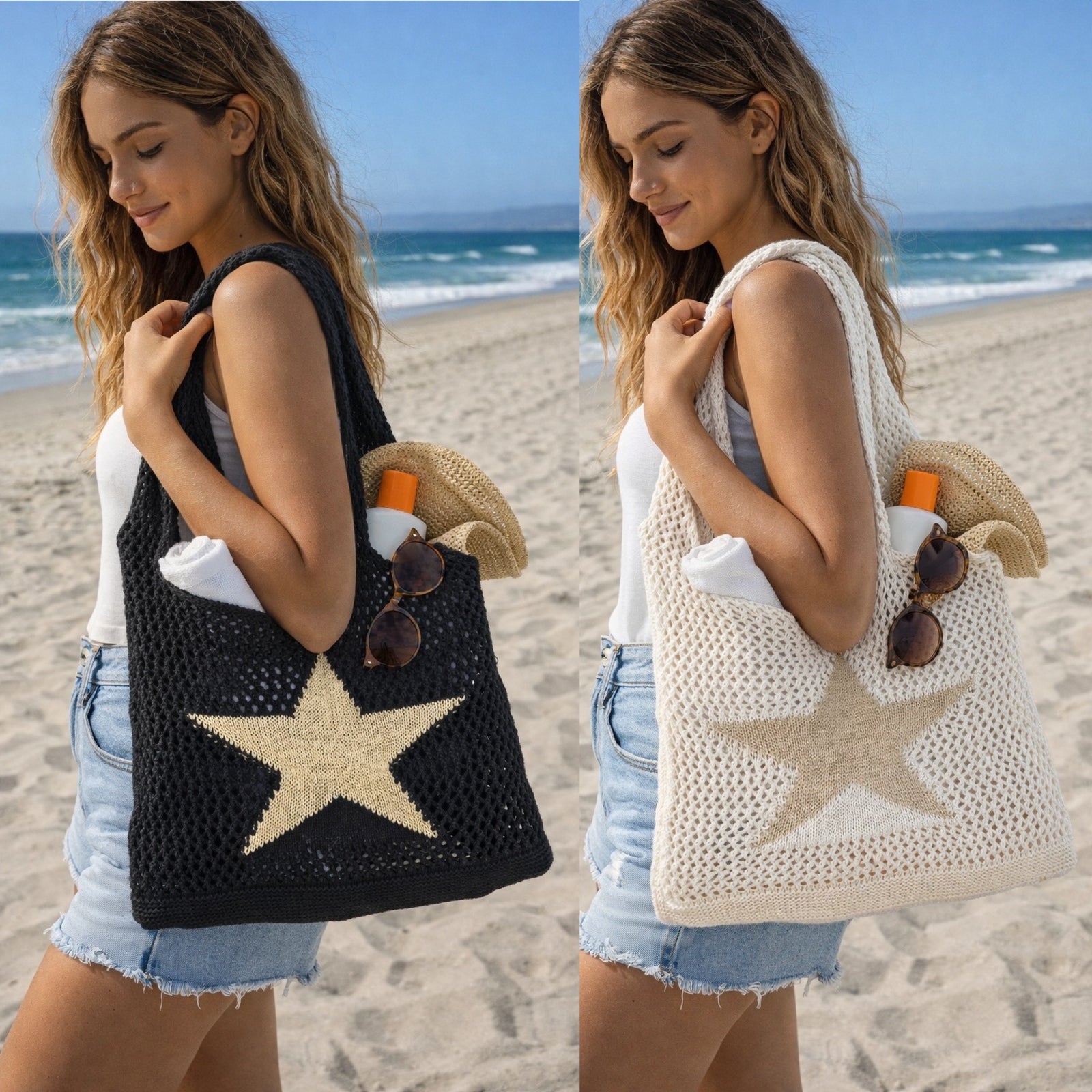 Star Crochet Mesh Beach Tote Bag