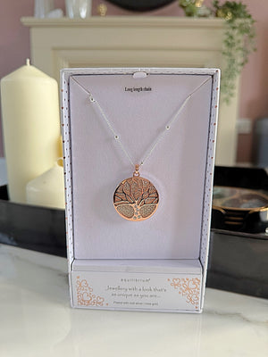 Rose Gold Filigree Disk Tree of Life Pendant Necklace