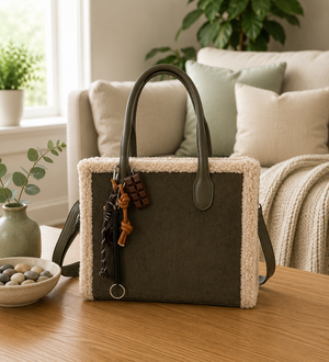 Teddy-Trim Suedette Charm Tote Bag ( more colours )