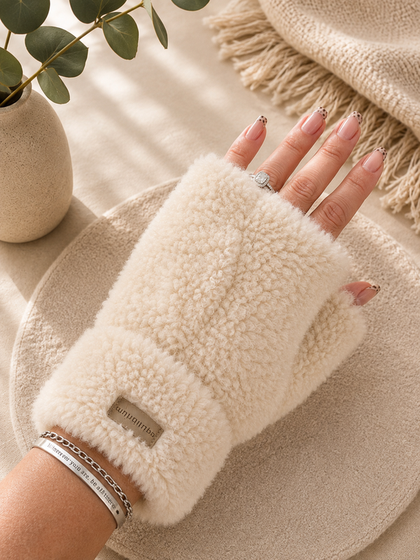 Teddy Fingerless Gloves – Cream