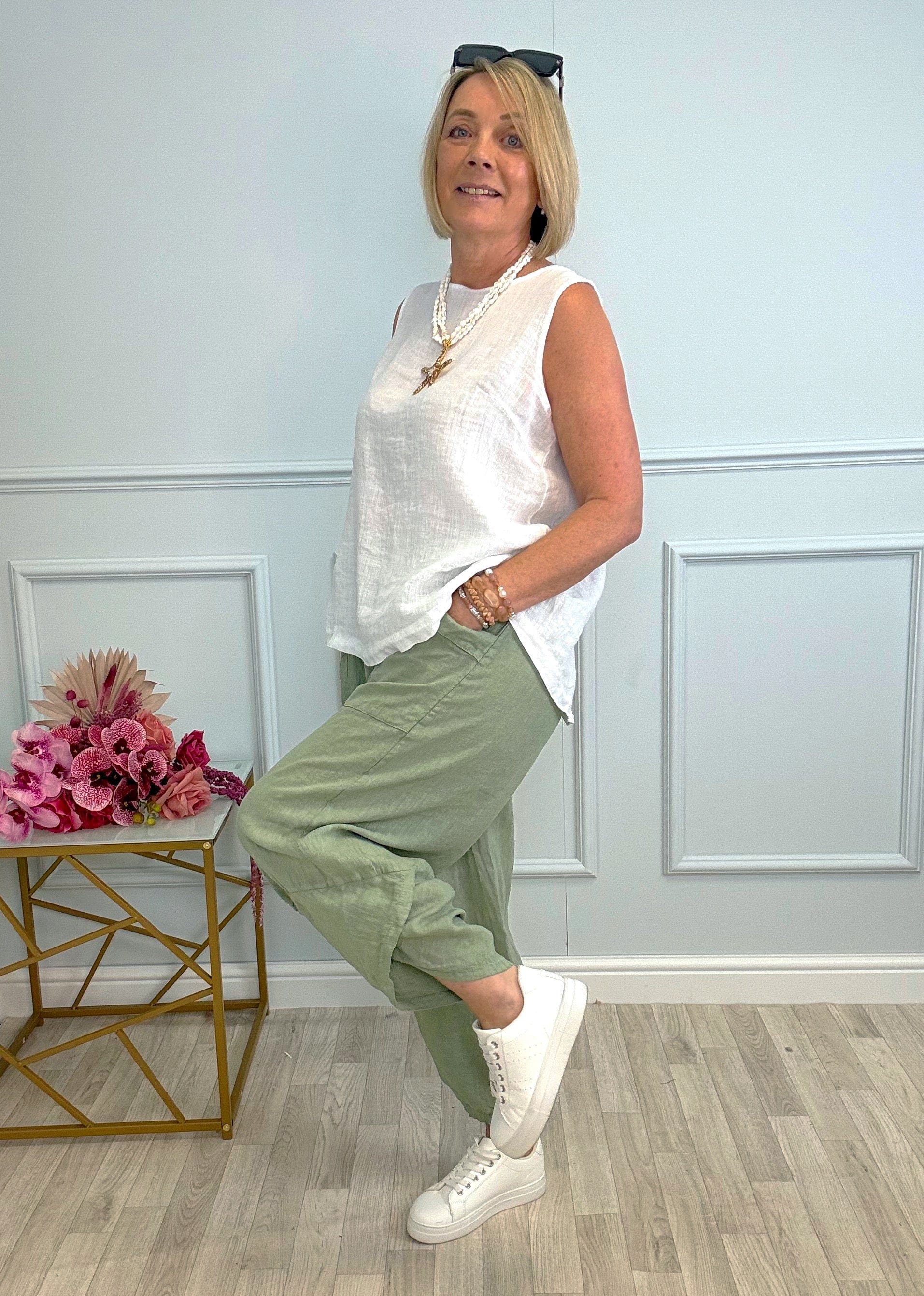 Larisa Quirky Linen Cocoon Pants 8-14 Khaki - Susie's Boutique