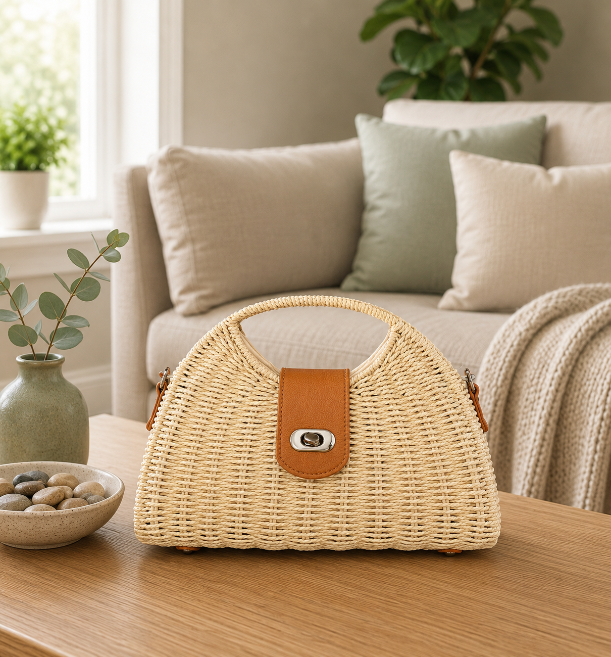 Woven  Half Moon Handbag with Body Strap Natural