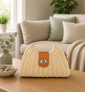 Woven  Half Moon Handbag with Body Strap Natural