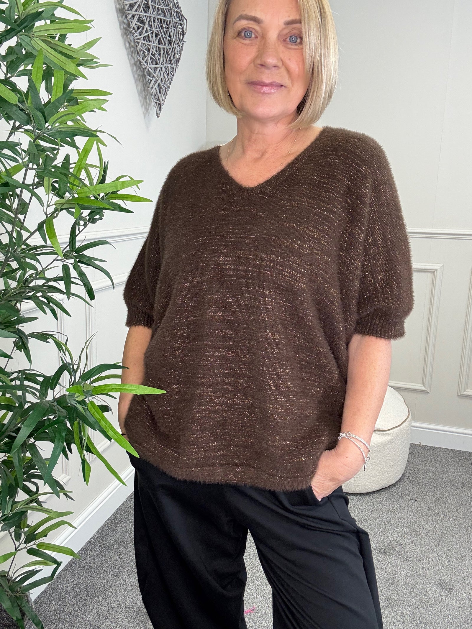 Lucia Soft Knit Lurex V-Neck Jumper 10-18 Chocolate