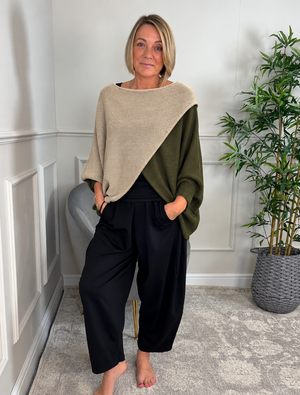 Orla Two Tone Crossover Knitted Jumper – Oatmeal & Olive