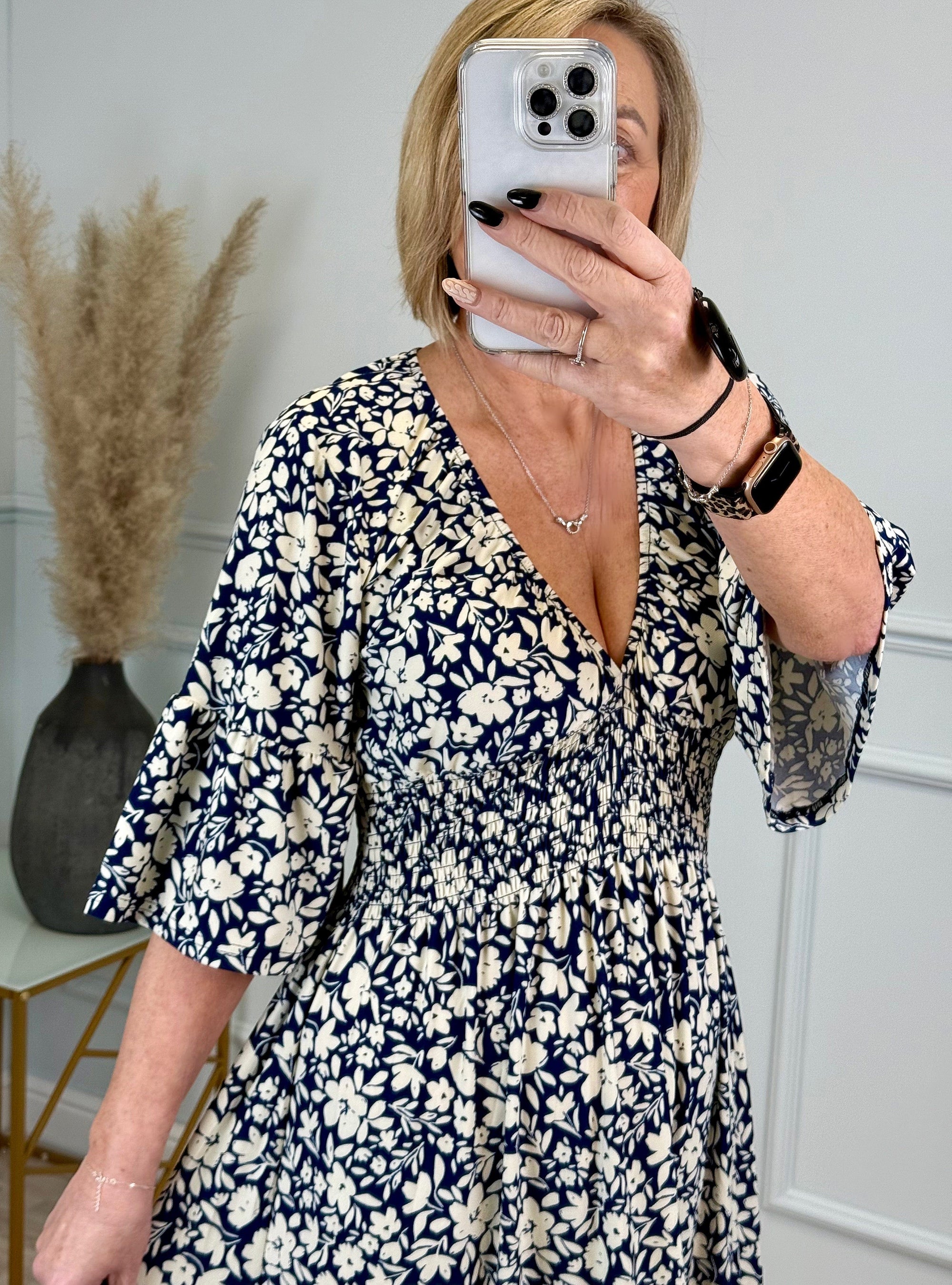 Azalea Flower V-Neck Shirred Waist Midi Dress Navy - Flowy & Elegant Design (Sizes 8-20) - Susie's Boutique