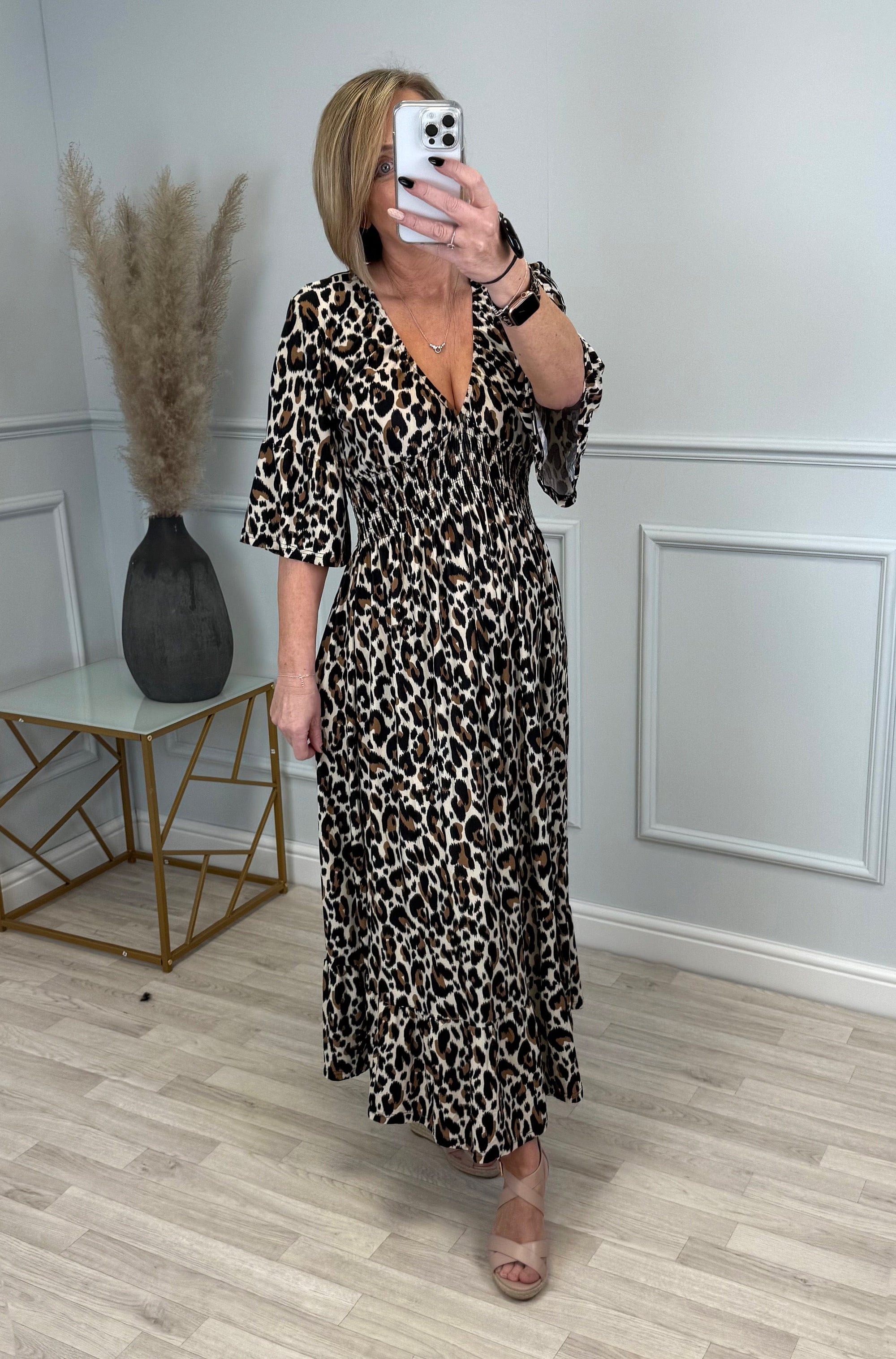 Azalea Leopard V-Neck Shirred Waist Midi Dress - Flowy & Elegant Design (Sizes 8-20) - Susie's Boutique