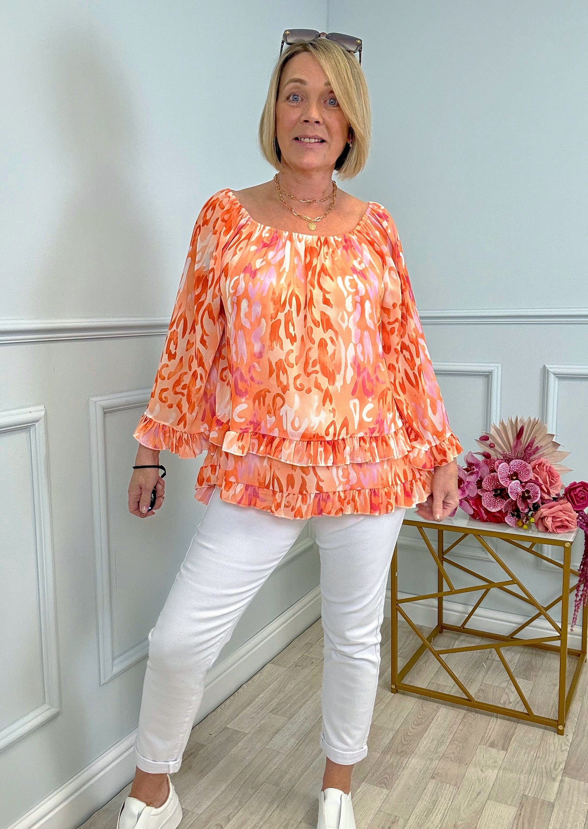 Serena Abstract Animal Print Bardot Frill Hem Chiffon Top Sizes 10-20 Orange