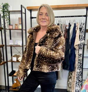 Bambi Fawn Print Faux Fur Jacket