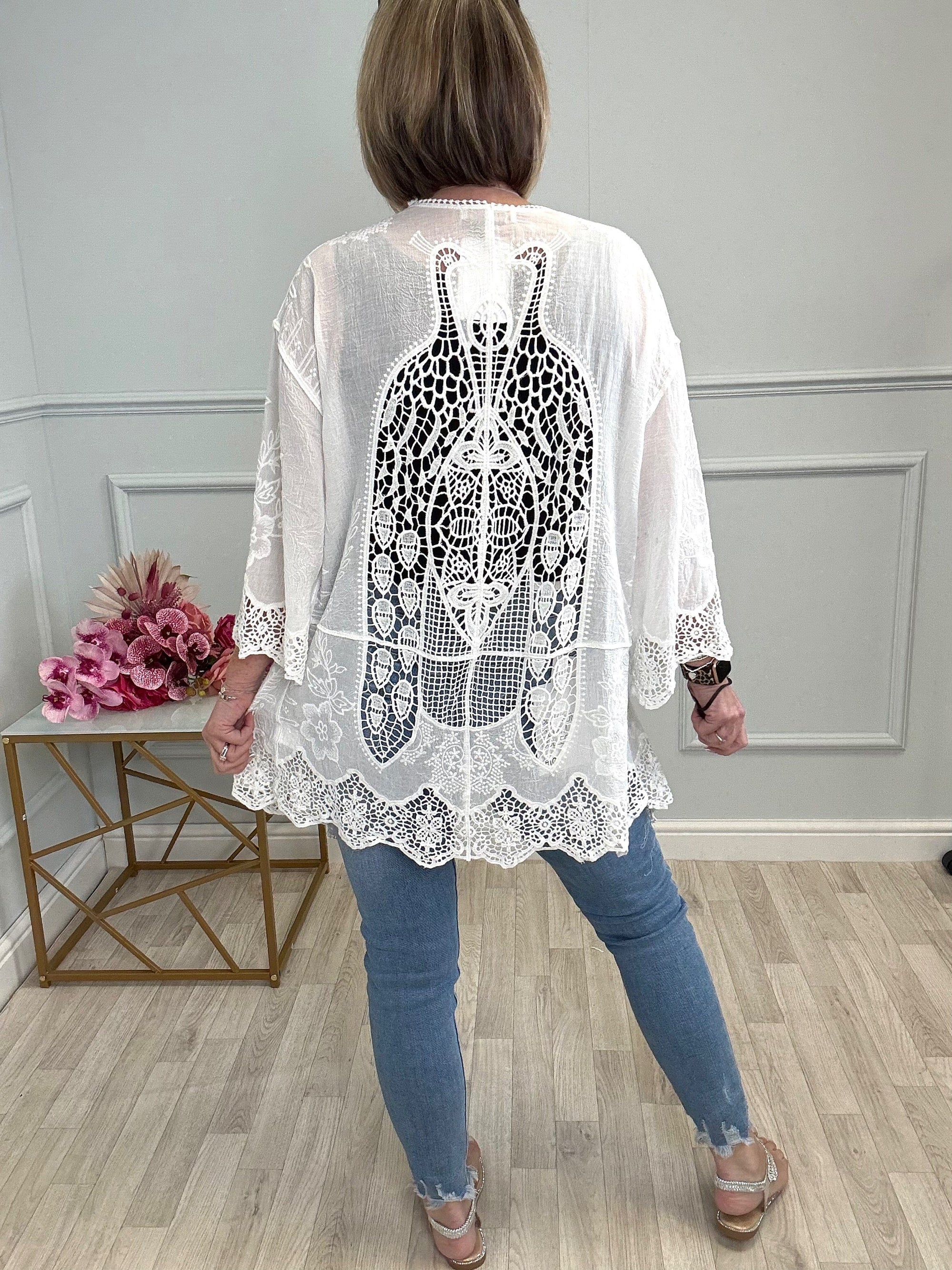 Karli Tie Front Crochet Kimono Jacket - Susie's Boutique