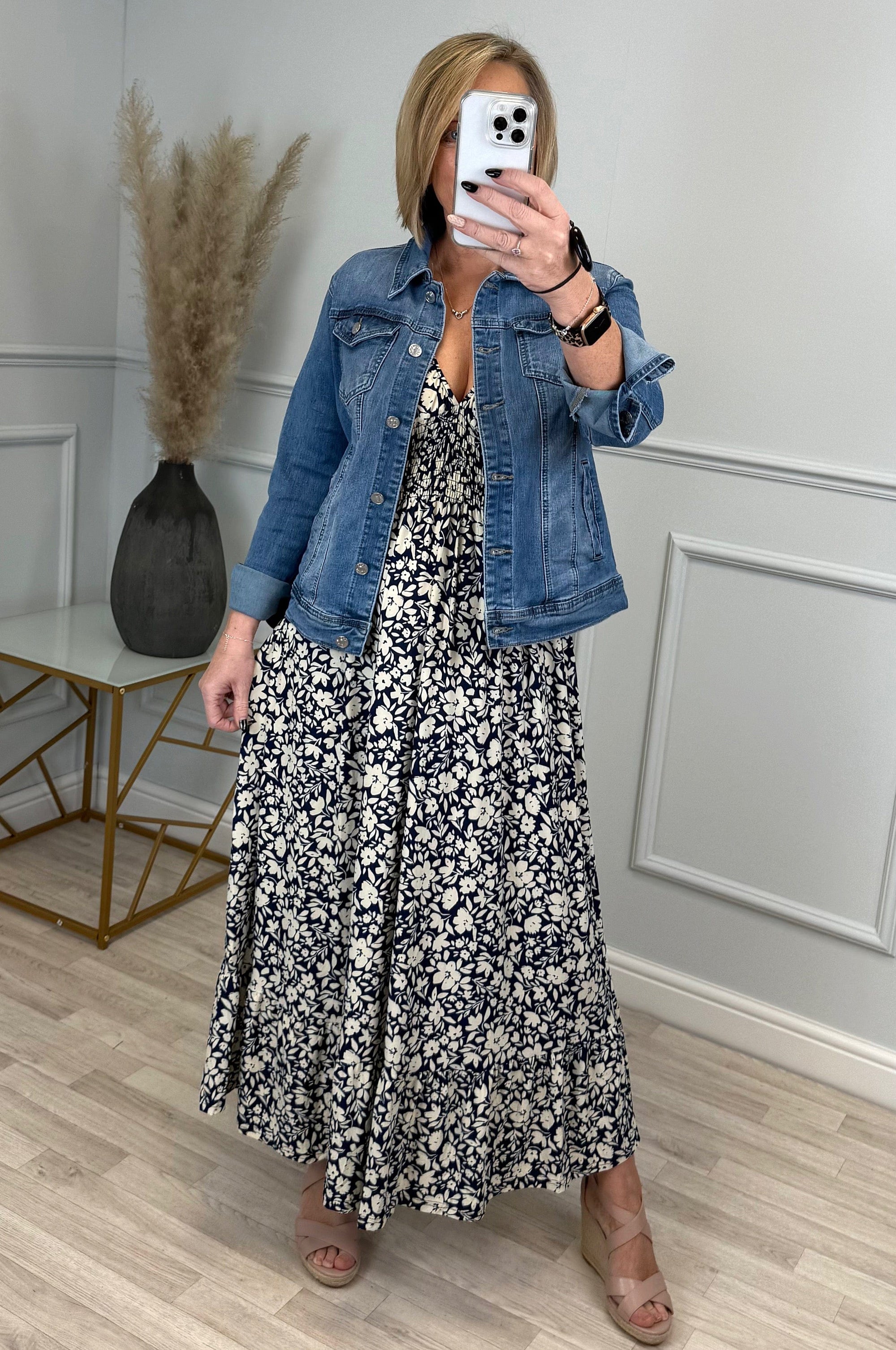 Azalea Flower V-Neck Shirred Waist Midi Dress Navy - Flowy & Elegant Design (Sizes 8-20) - Susie's Boutique