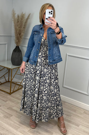 Azalea Flower V-Neck Shirred Waist Midi Dress Navy - Flowy & Elegant Design (Sizes 8-20) - Susie's Boutique