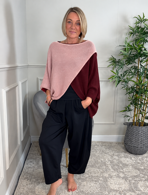 Orla Two Tone Crossover Knitted Jumper – Blush Pink & Plum