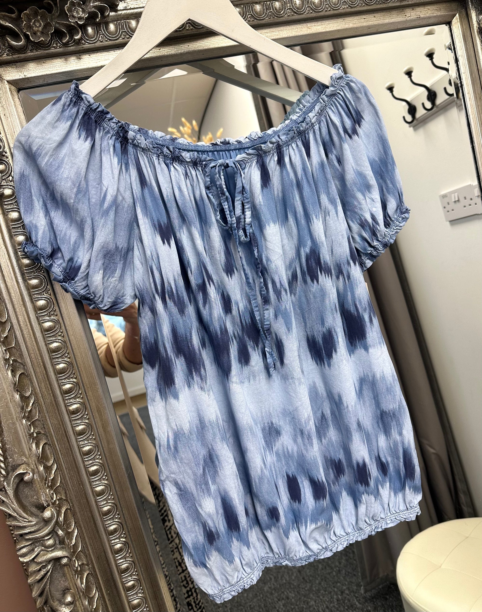Jessie Gypsy Tie Dye Bardot Top 8-18 Denim Blue - Susie's Boutique