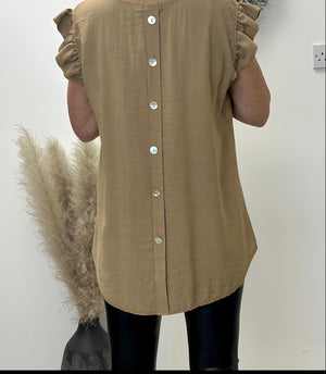 Grace Frill Sleeve Button Back Top 8-16 Camel - Susie's Boutique