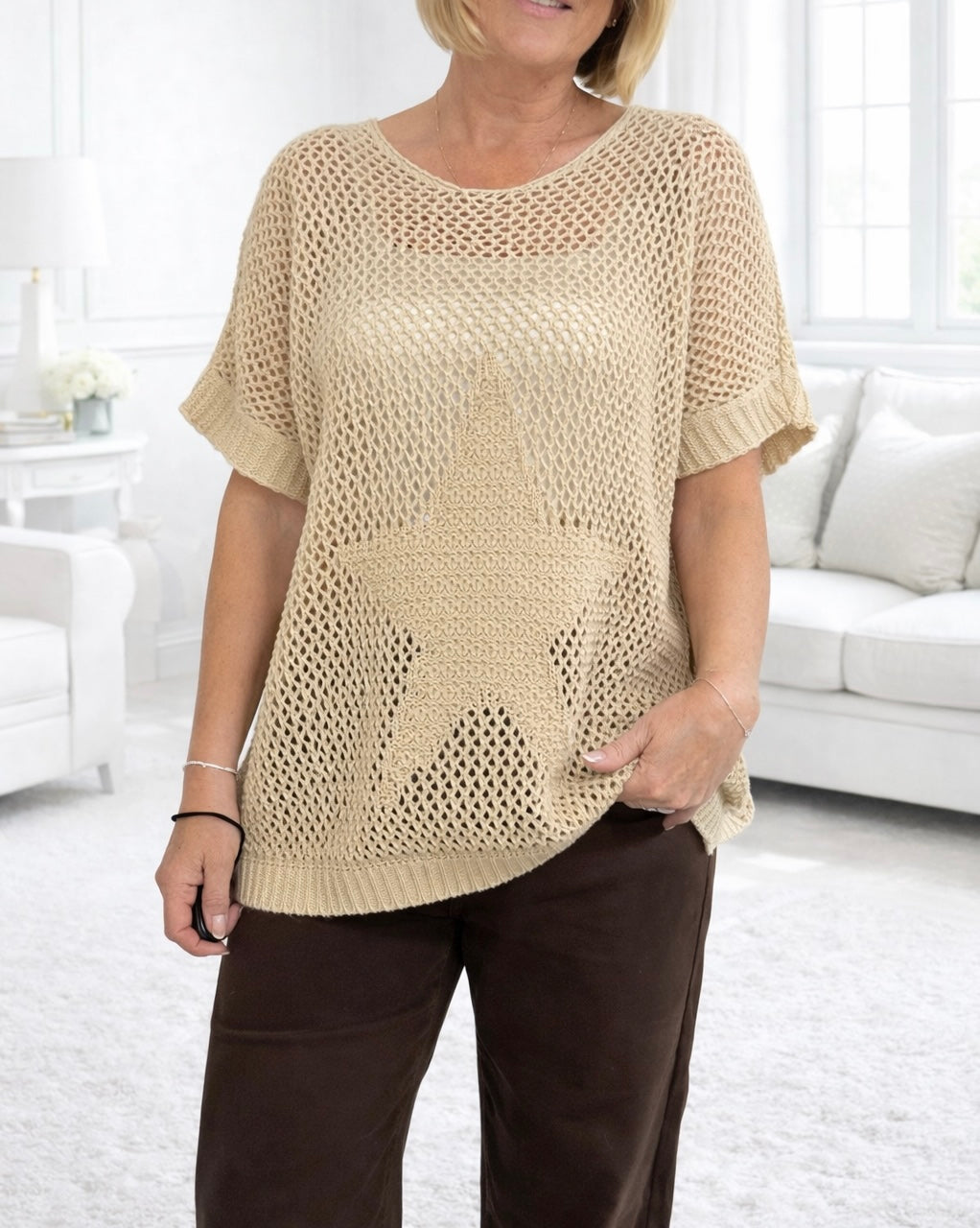 Star Mesh Knit Jumper 8-18 Sand. 🇬🇧 No Returns on Sale Items