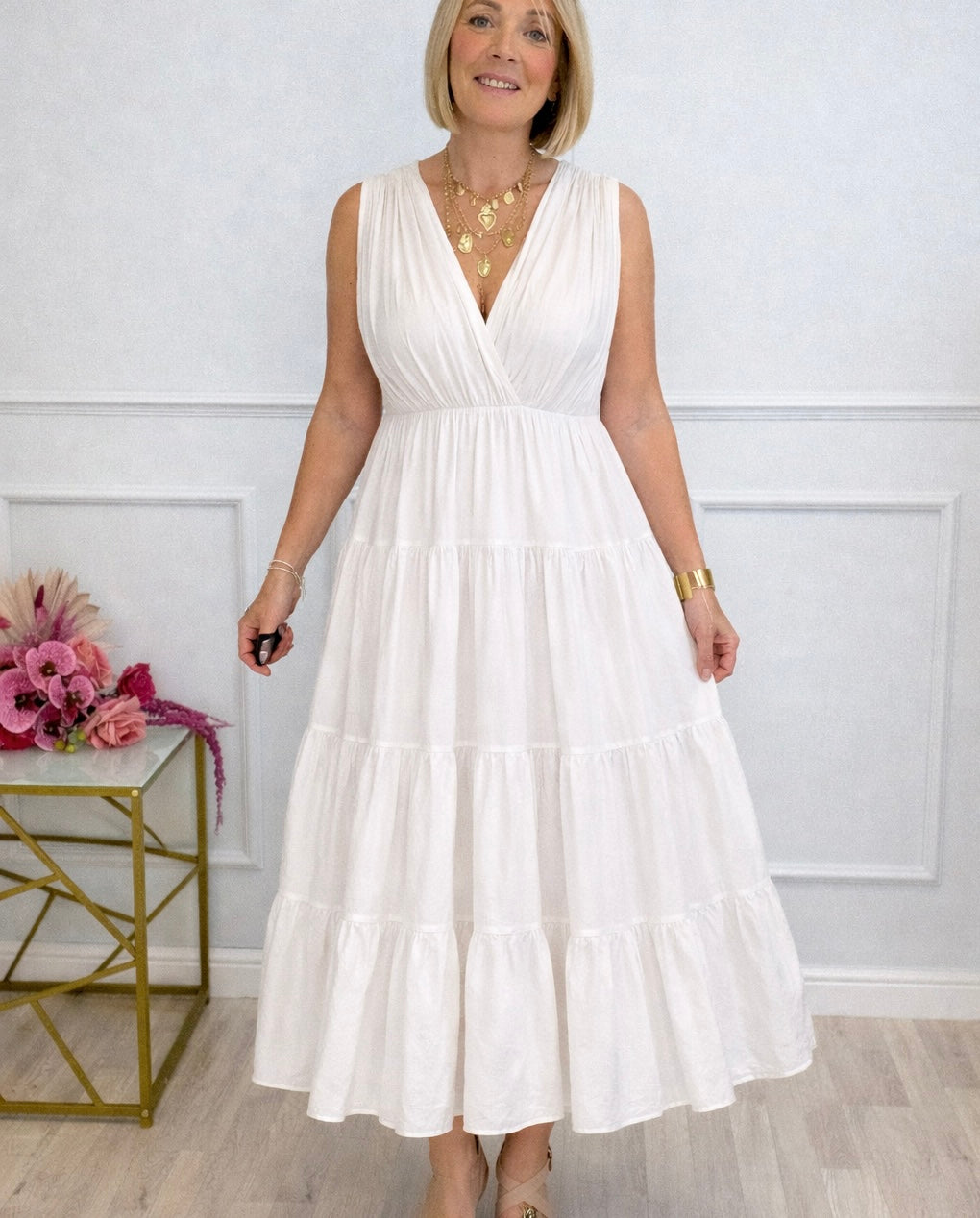 Calla Tiered Cotton Midi  Dress 8–18 White No Returns on Sale Items