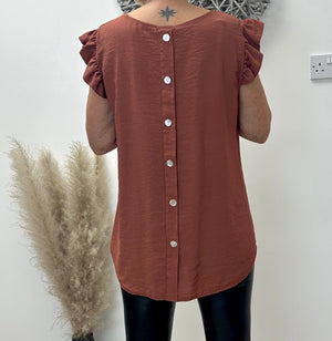 Grace Frill Sleeve Button Back Top 8-16 Brick - Susie's Boutique