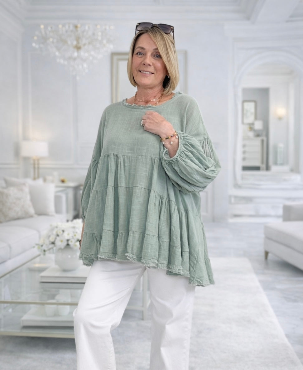 Alessia Frill Hem Boho Smock Top One Size No Returns on Sale Items